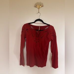 Free People Embroidered Boho Long Sleeve Top | Rust Red | L